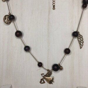 Long Angel Charm Necklace Gold with Burgundy Beads